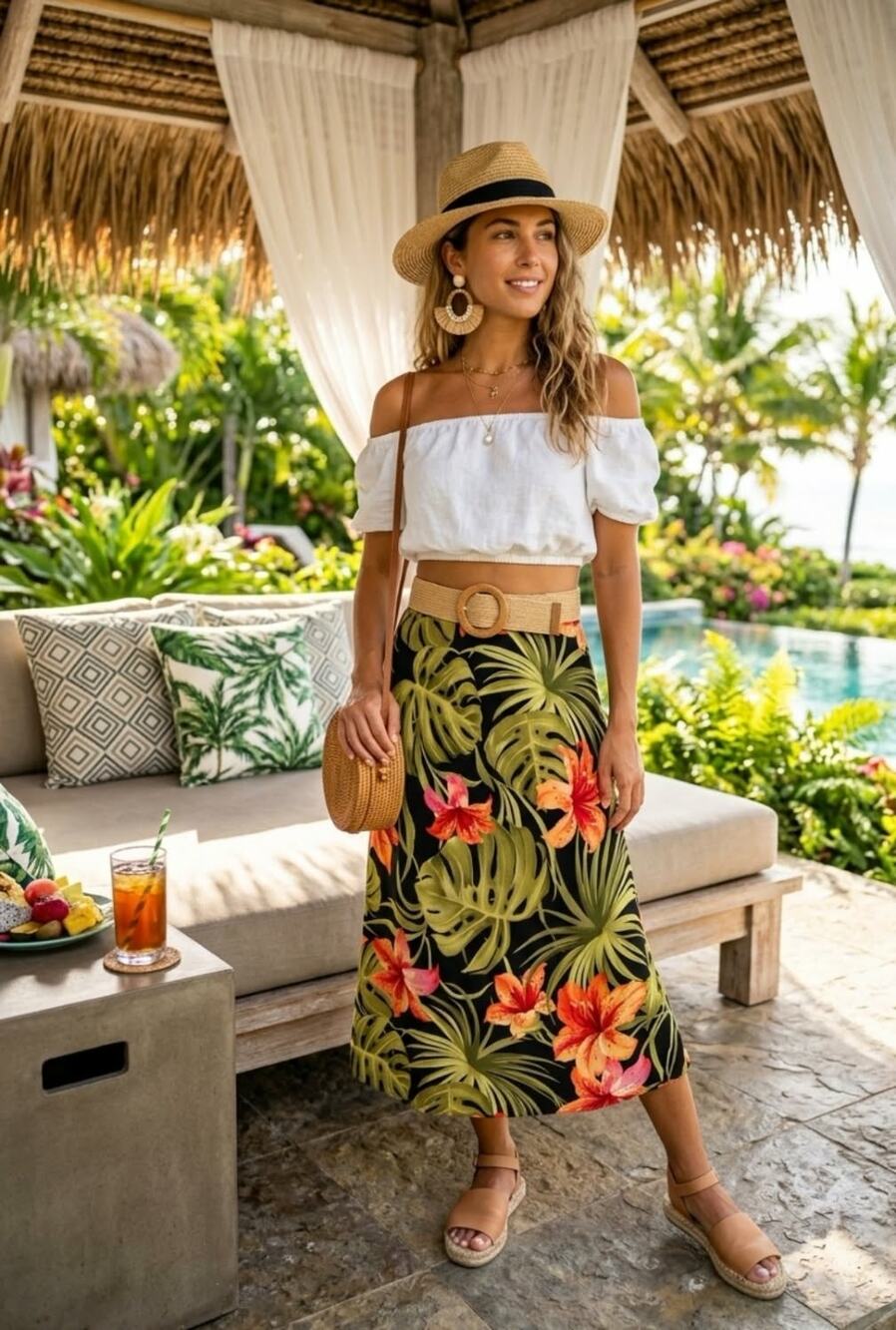 VTG Intriguing Threads Tropical Monstera Floral Rayon Midi Skirt 8P Cabanacore